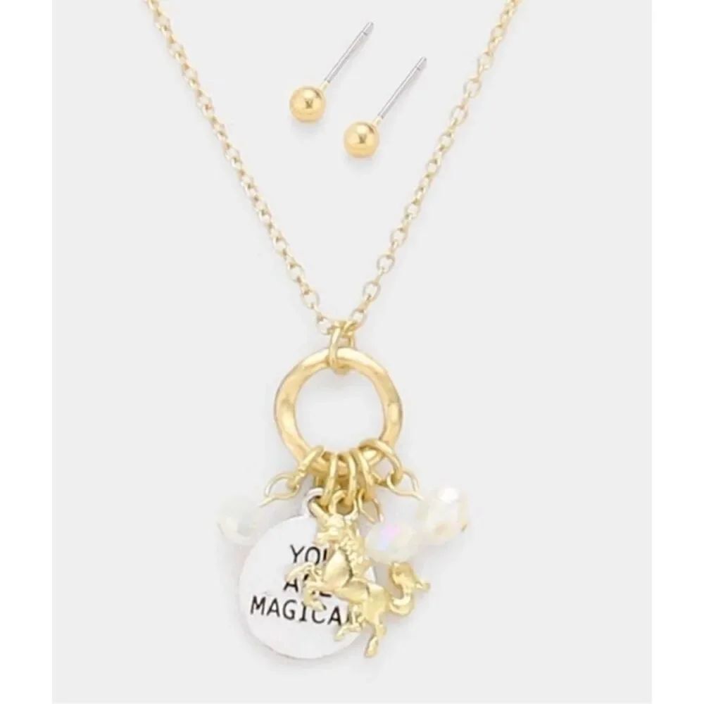 Brand New Boutique You Are Magical Unicorn Hammered Gold Necklace & Earring Set